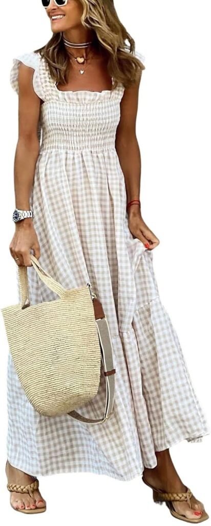 chouyatou Women’s Retro Plaid Smocked Dress Spaghetti Strap Flounce Long Dress