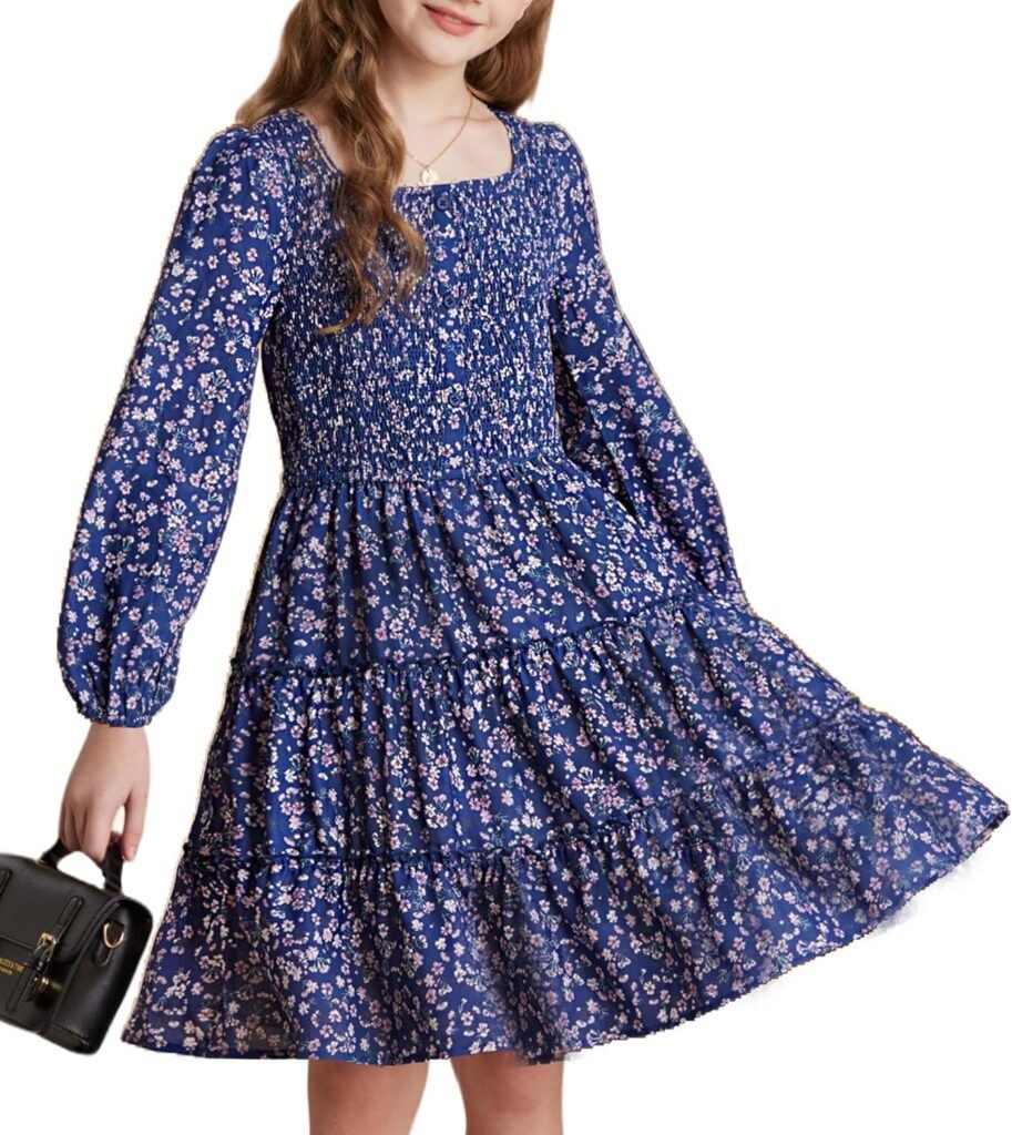 GRACE KARIN Girls Fall Long Sleeve Floral Square Neck Smock Tiered Casual Holiday Teen Dress Size 5-14